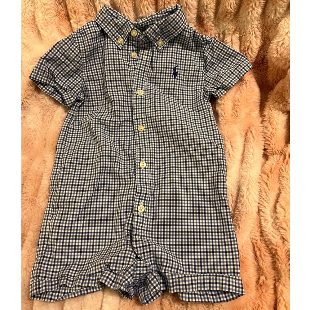 Ralph Lauren Romper Kids 6M Blue Gingham Check Short Sleeve Cotton Pony Logo